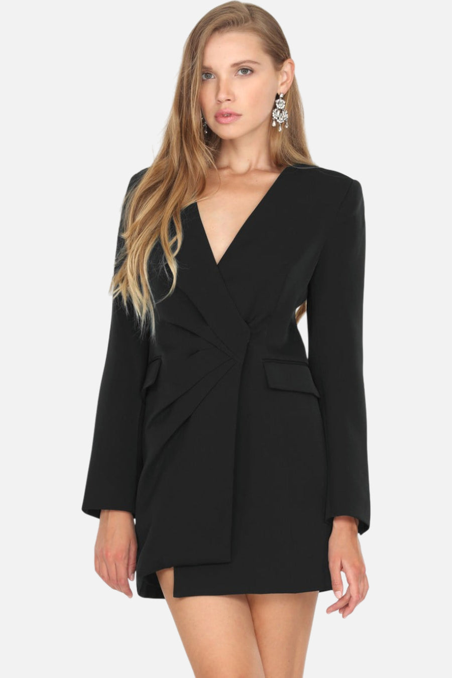 Adelyn Rae Stefani Asymmetrical Blazer Dress in Black – on model