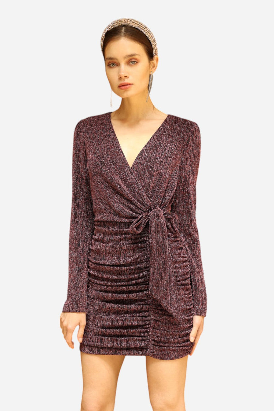 Adelyn Rae Vanessa Metallic Wrap Mini Dress in Dark Pink – front view