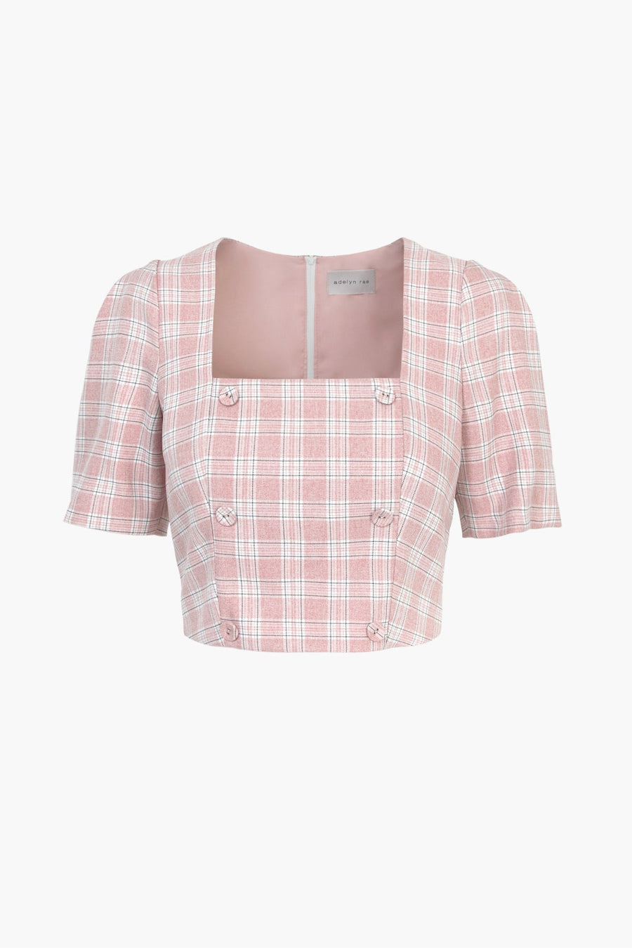 Adelyn Rae Violet Plaid Double Breasted Crop Top in Cotton Candy – detail