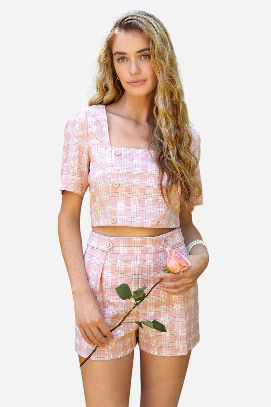 Adelyn Rae Violet Plaid Double Breasted Crop Top in Cotton Candy – front view