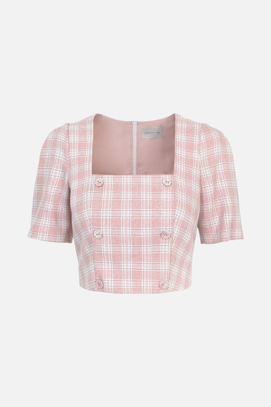 Adelyn Rae Violet Plaid Double Breasted Crop Top in Cotton Candy – front view