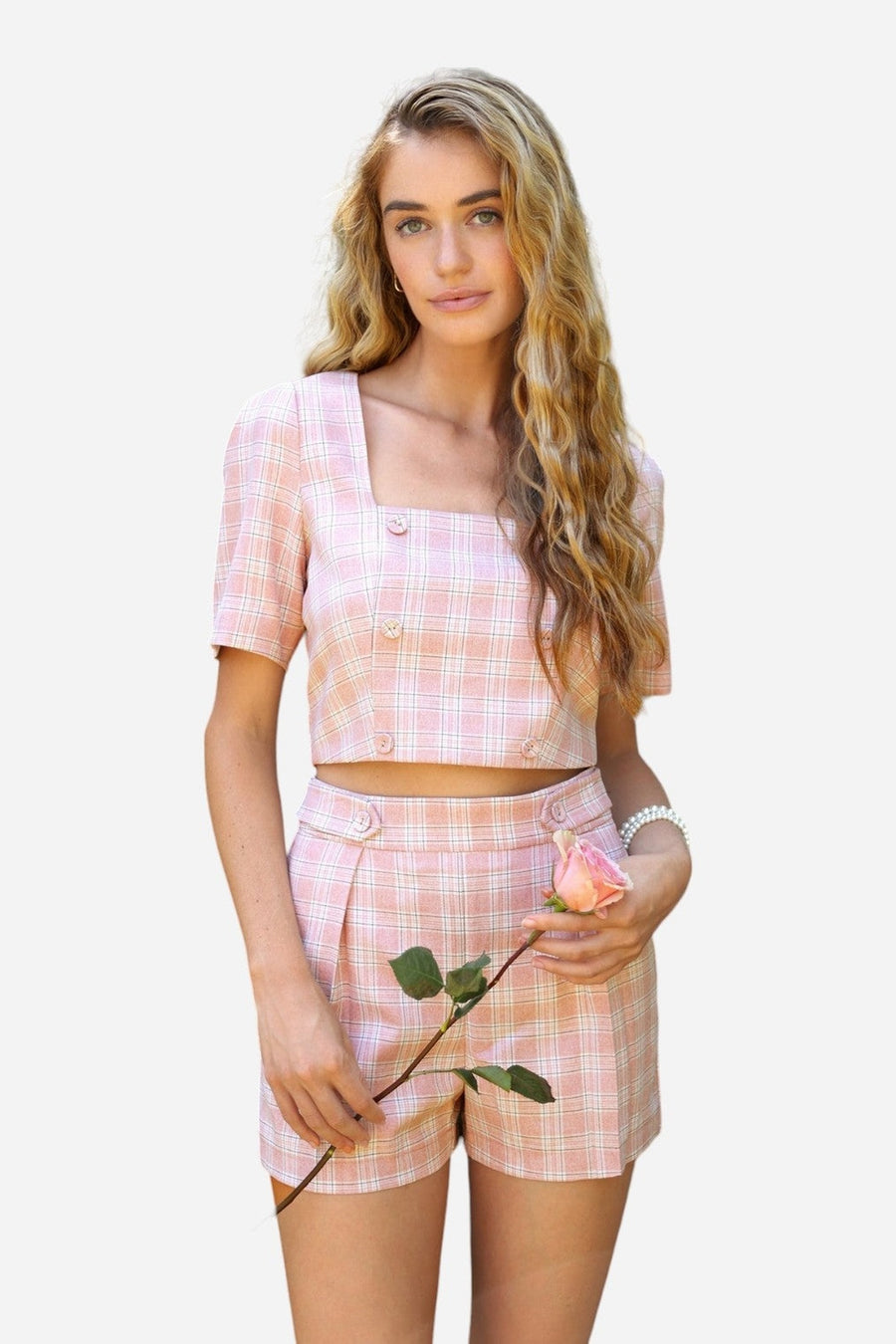 Adelyn Rae Violet Plaid Double Breasted Crop Top in Cotton Candy – on model