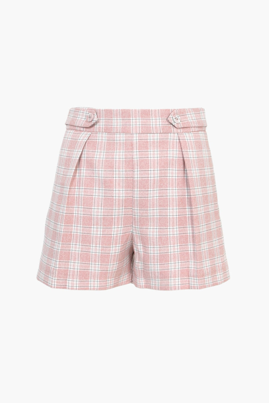 Adelyn Rae Violet Plaid Front Pleat Trouser Shorts in Cotton Candy – detail