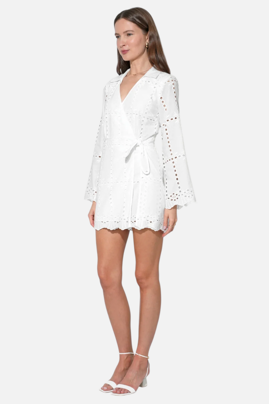 Adelyn Rae Women's Bella Wrap Eyelet Mini Dress in White – back view