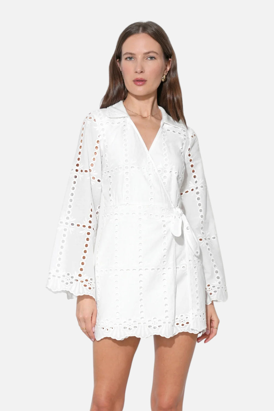 Adelyn Rae Women's Bella Wrap Eyelet Mini Dress in White – on model