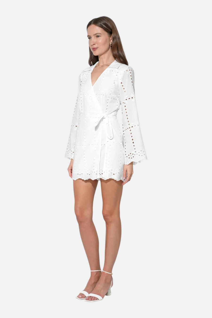Adelyn Rae Women's Bella Wrap Eyelet Mini Dress in White – on model