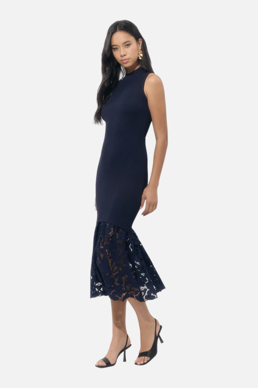 Adelyn Rae Women's Brielle Mock Neck Rib Knit Lace Midi Dress in Navy – back view