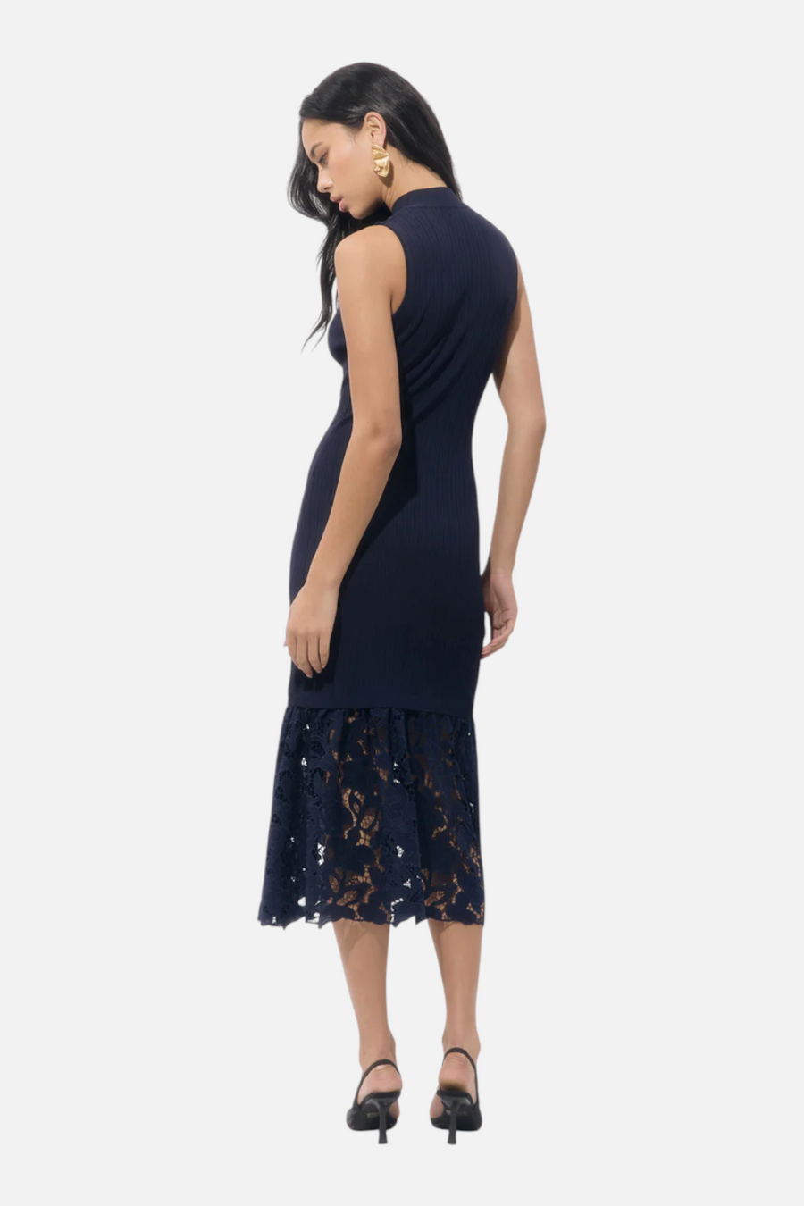 Adelyn Rae Women's Brielle Mock Neck Rib Knit Lace Midi Dress in Navy – side view