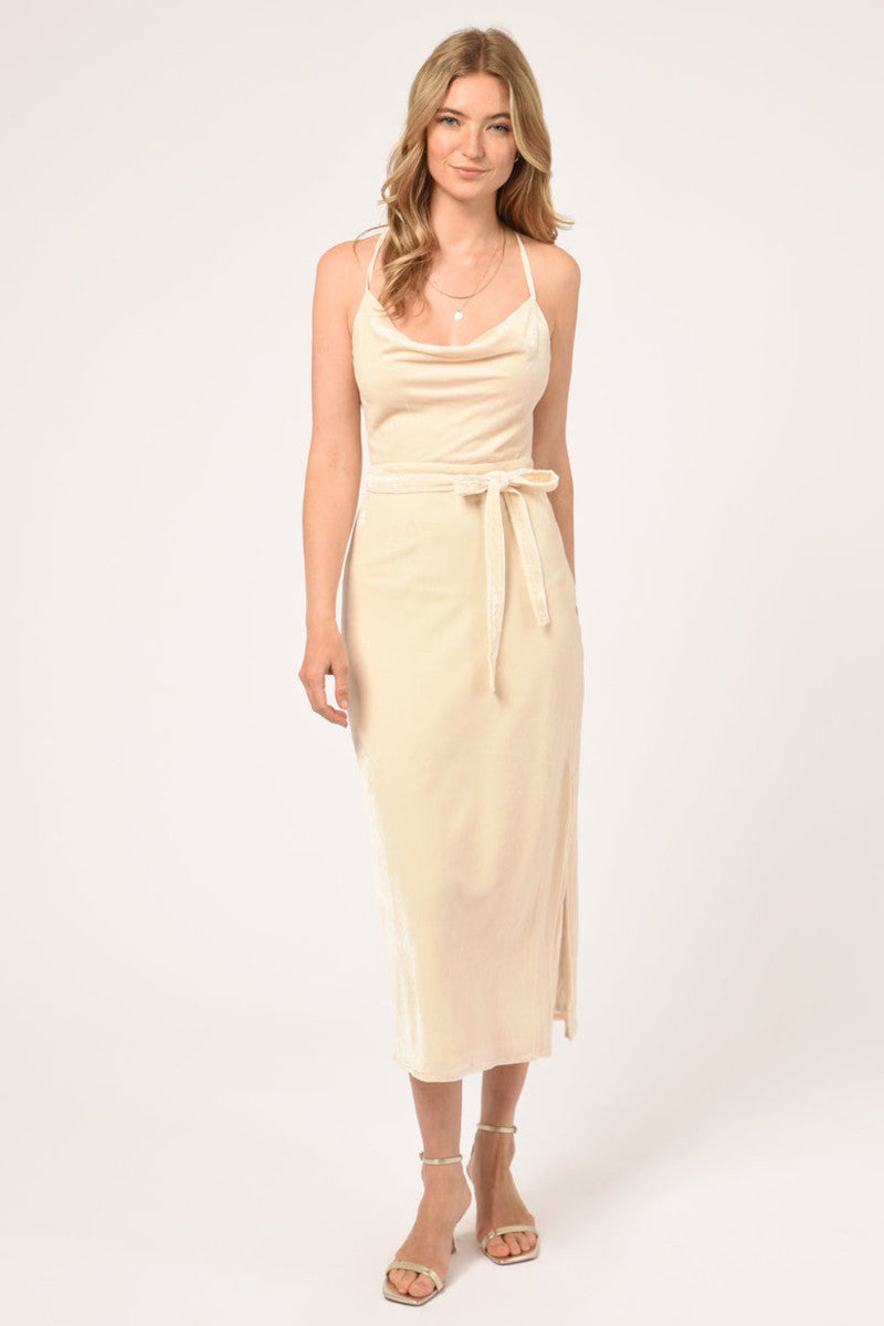 Adelyn Rae Zana Velvet Cowl Neck Slip Dress in Cream – back view