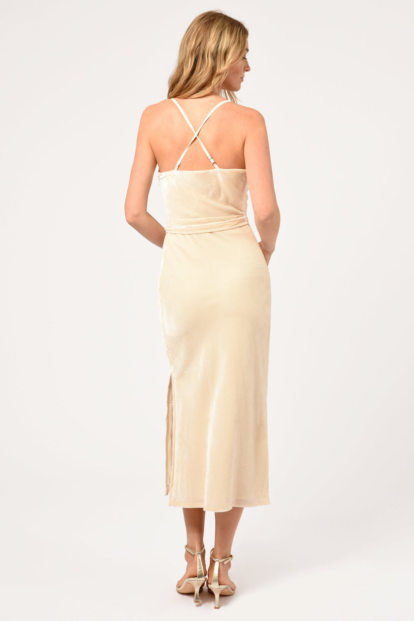 Adelyn Rae Zana Velvet Cowl Neck Slip Dress in Cream – detail