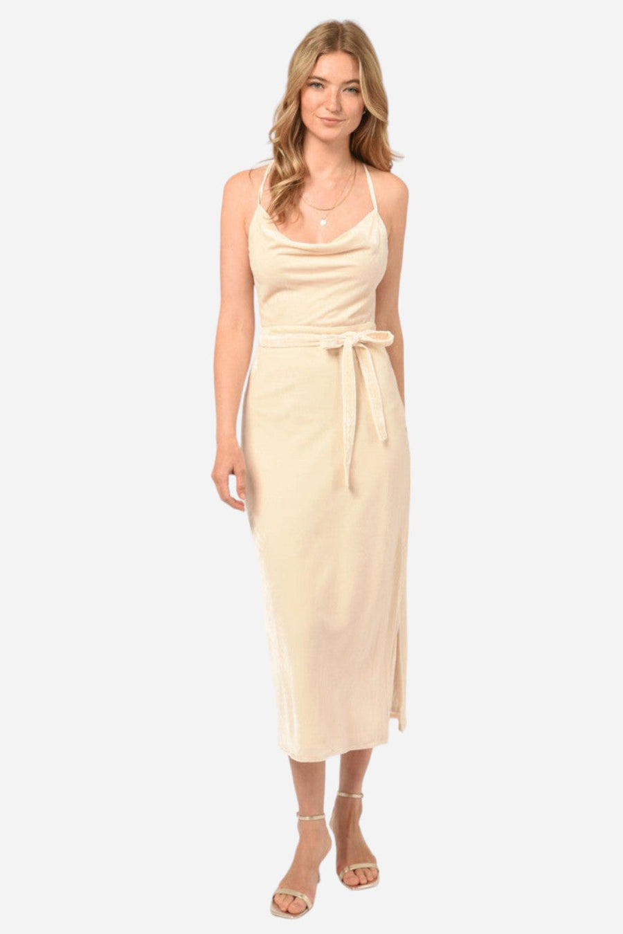 Adelyn Rae Zana Velvet Cowl Neck Slip Dress in Cream – front view