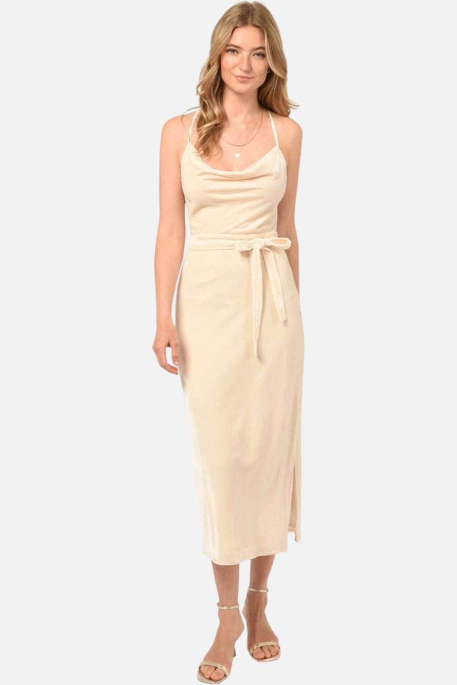 Adelyn Rae Zana Velvet Cowl Neck Slip Dress in Cream – on model