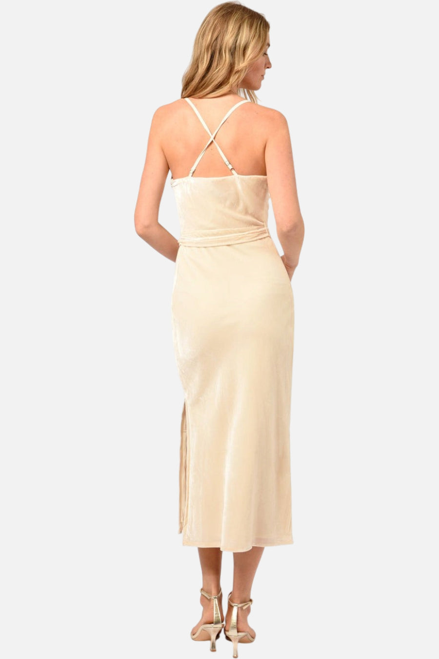 Adelyn Rae Zana Velvet Cowl Neck Slip Dress in Cream – back view