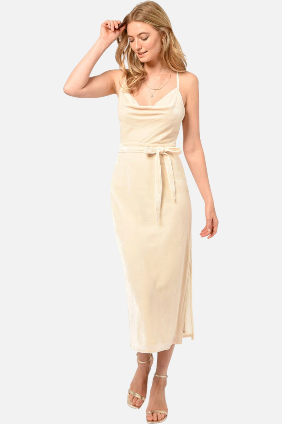 Adelyn Rae Zana Velvet Cowl Neck Slip Dress in Cream – on model
