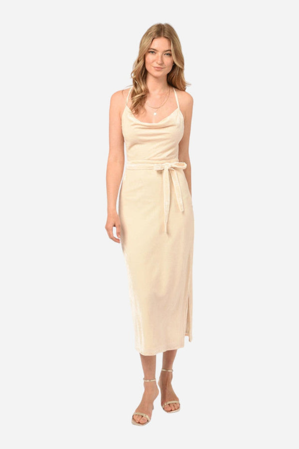 Adelyn Rae Zana Velvet Cowl Neck Slip Dress in Cream
