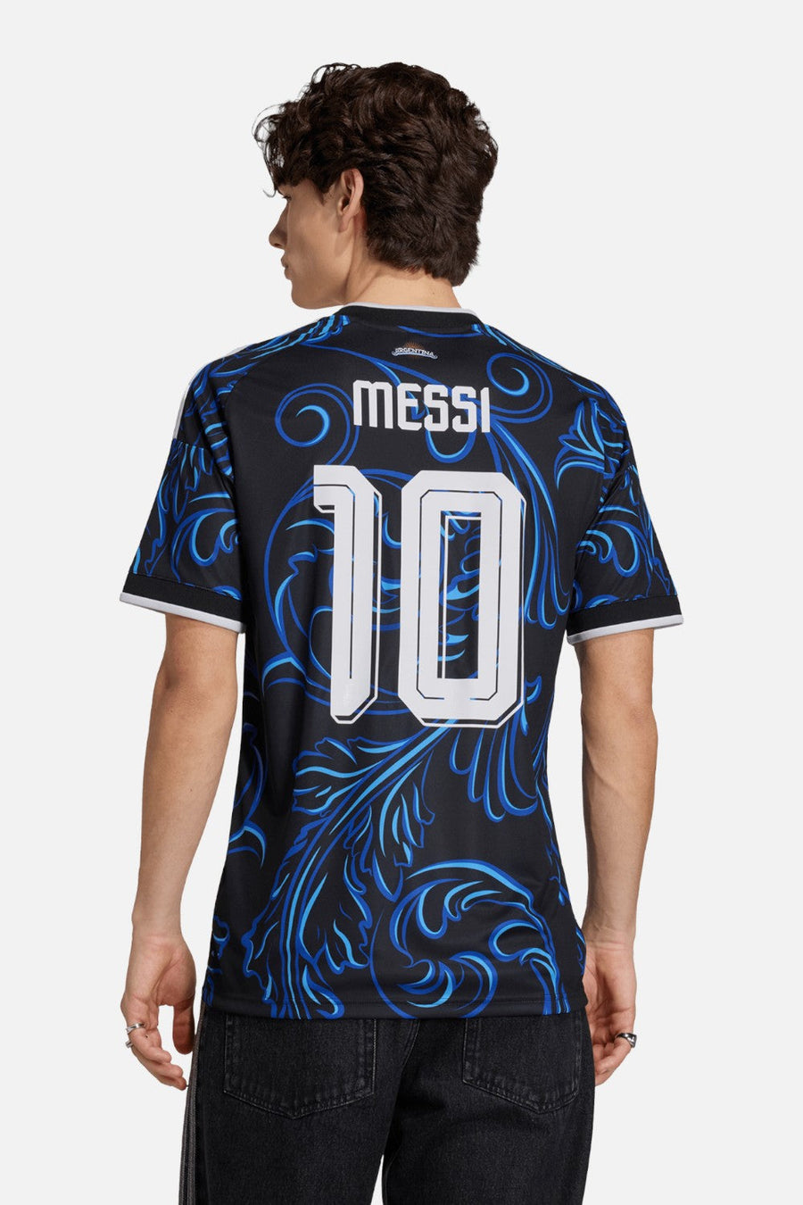 Adidas Argentina 26 Away Messi #10 Jersey in Black & Lucid Blue worn by model — back