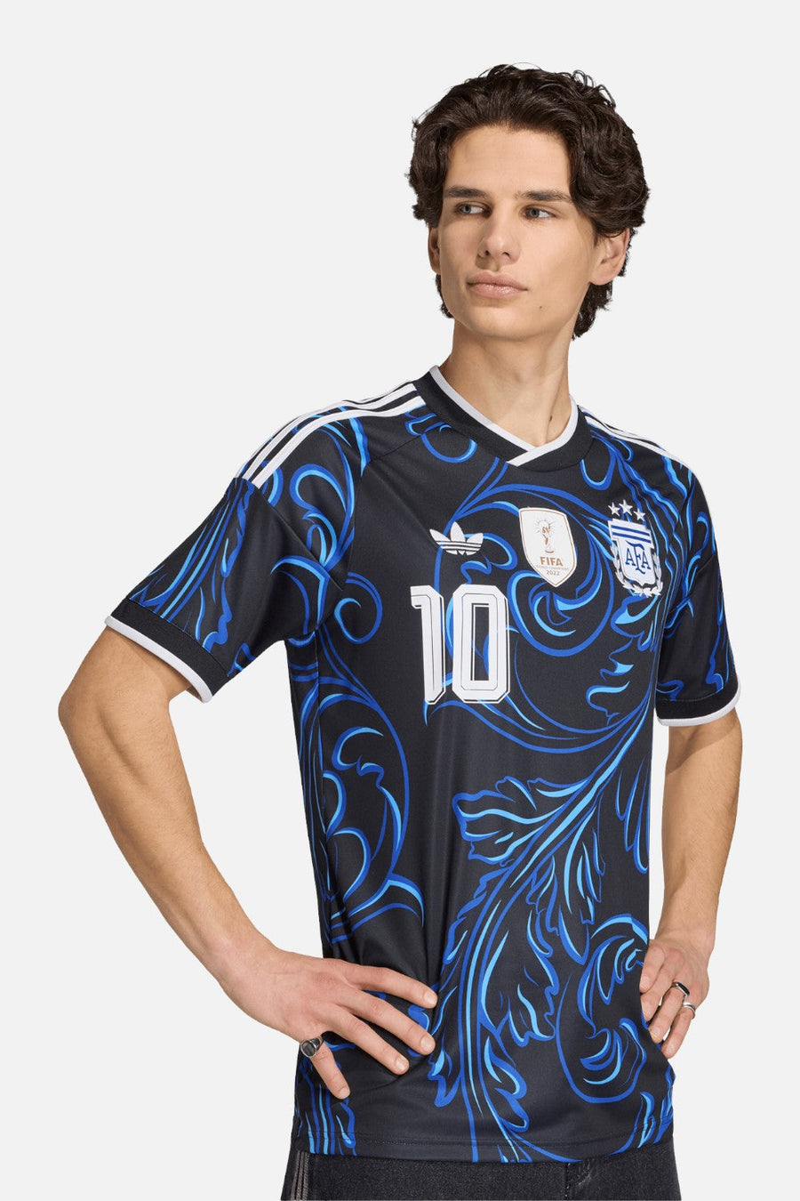 Adidas Argentina 26 Away Messi #10 Jersey in Black & Lucid Blue worn by model — front