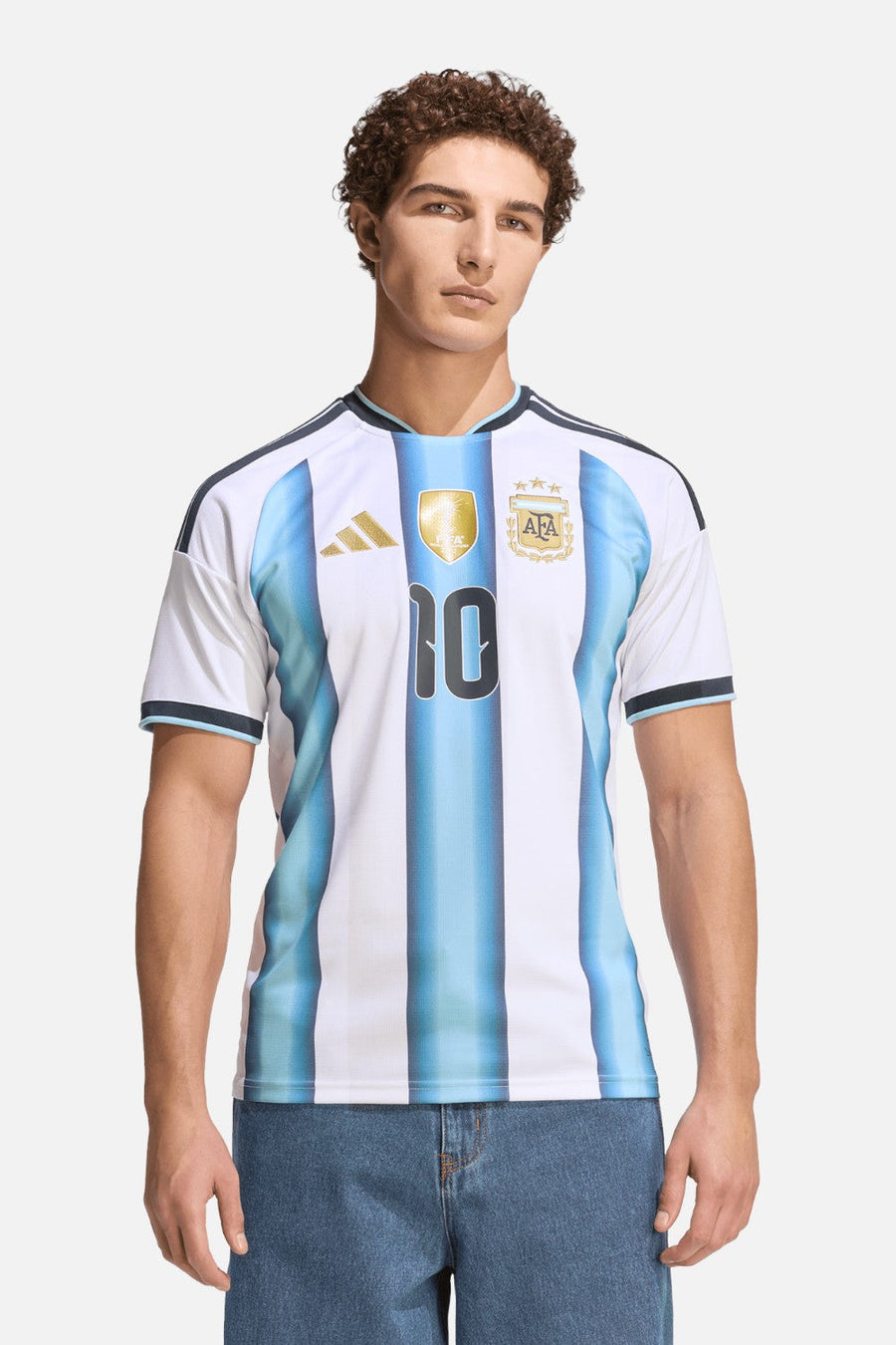 Adidas Argentina 26 Home Messi #10 Jersey in White & Blue worn by model — front