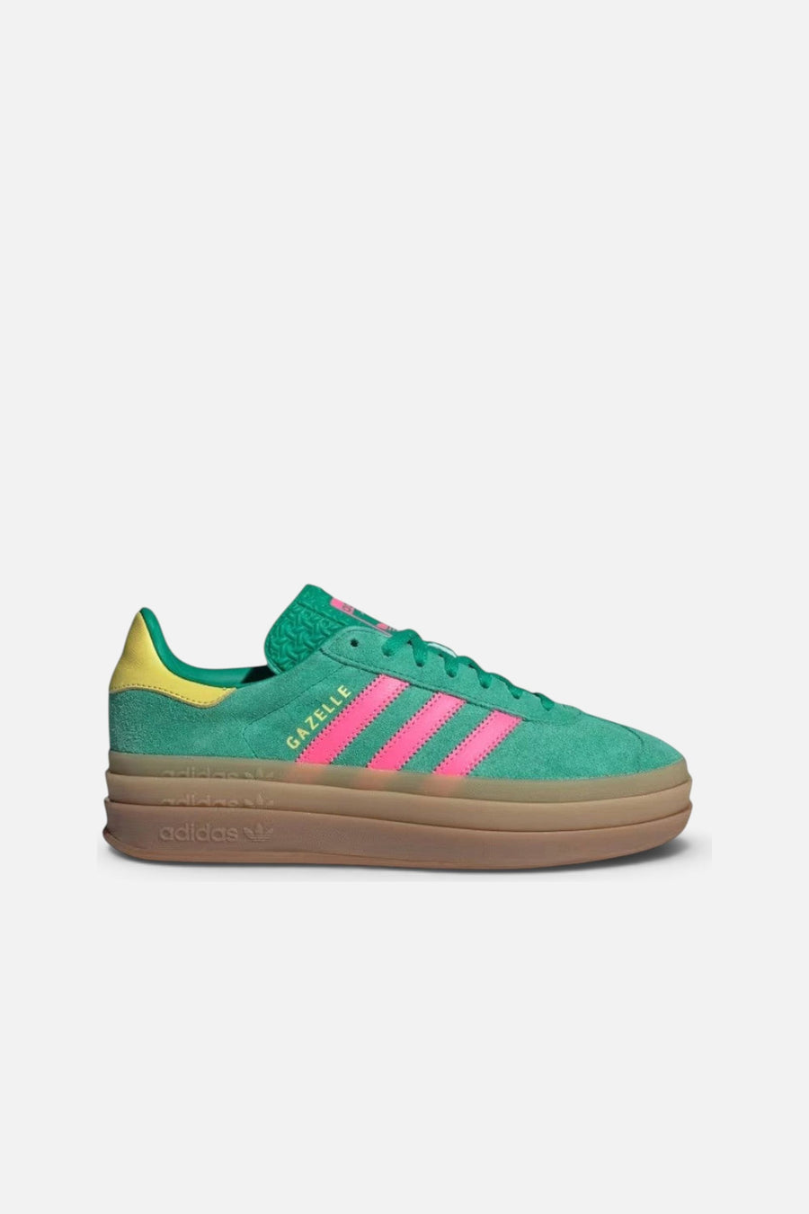 Adidas Gazelle Bold Shoes in Green, Lucid Pink & Pure Sulfur – side view