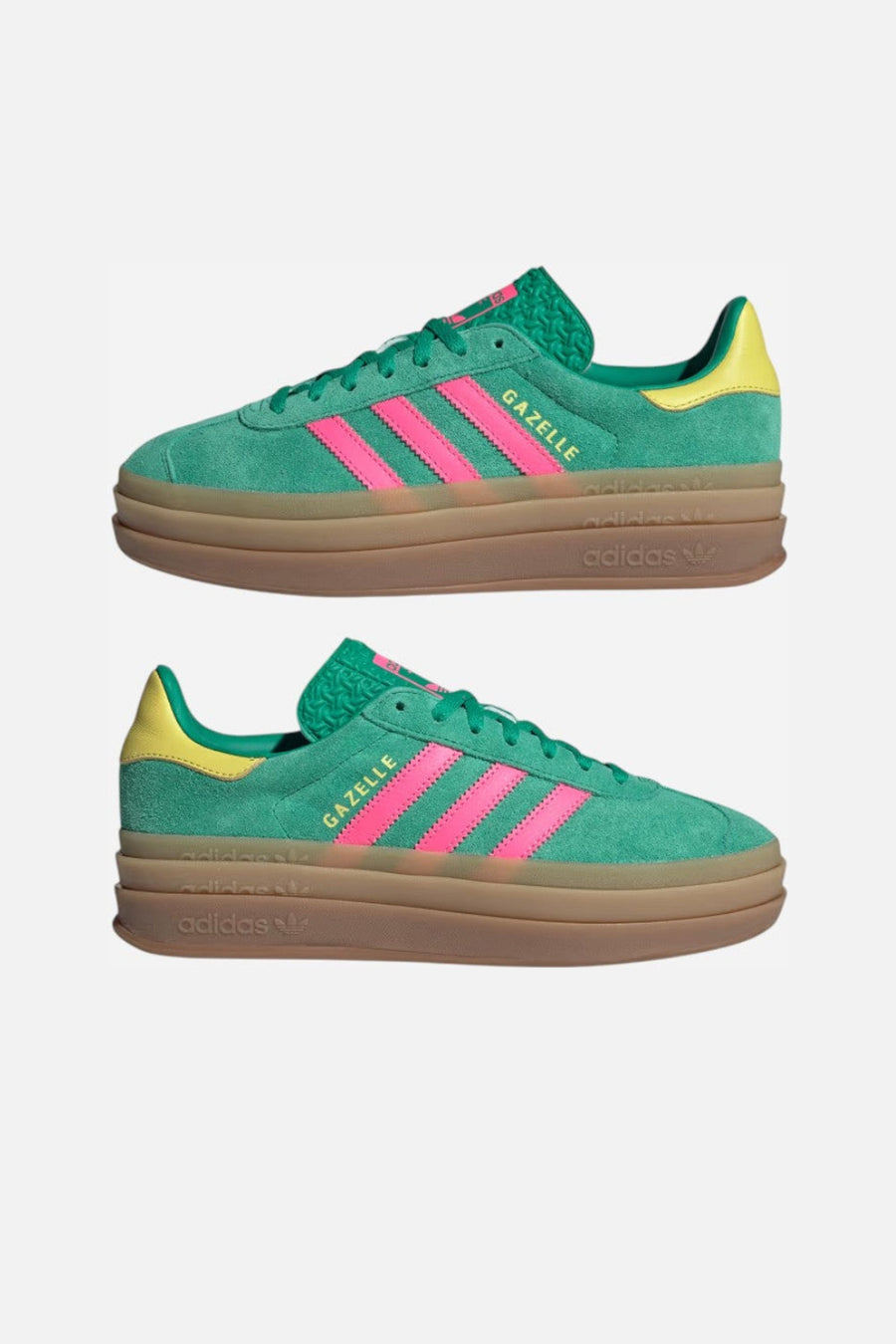 Adidas Gazelle Bold Shoes in Green, Lucid Pink & Pure Sulfur – side view