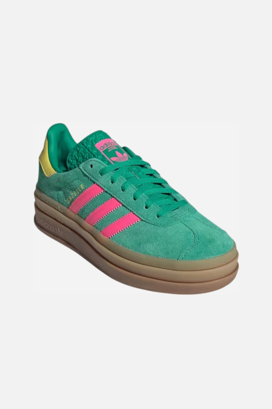 Adidas Gazelle Bold Shoes in Green, Lucid Pink & Pure Sulfur – side view