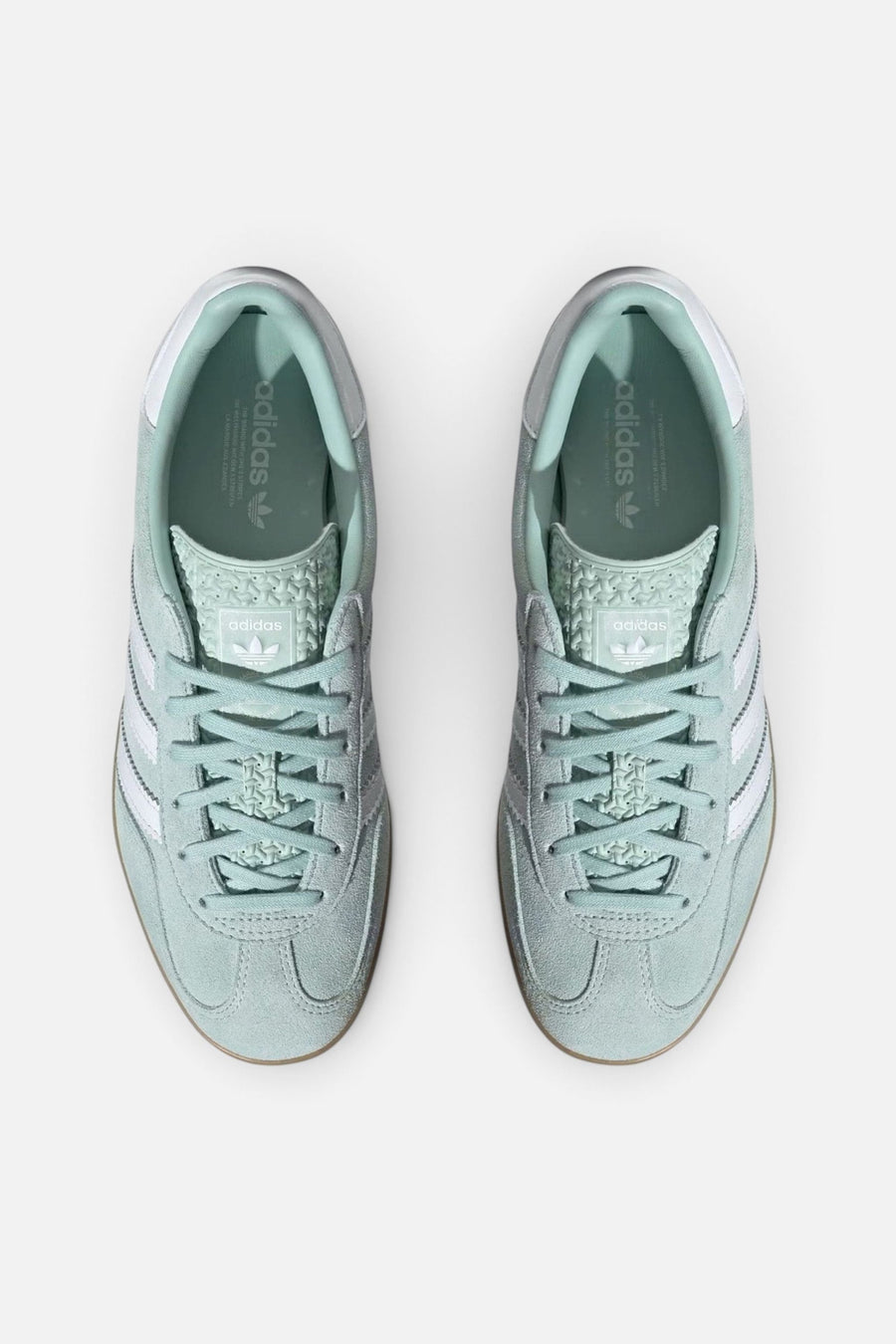 Adidas Gazelle Indoor Shoes in Ash Green / Cloud White / Gum – top view