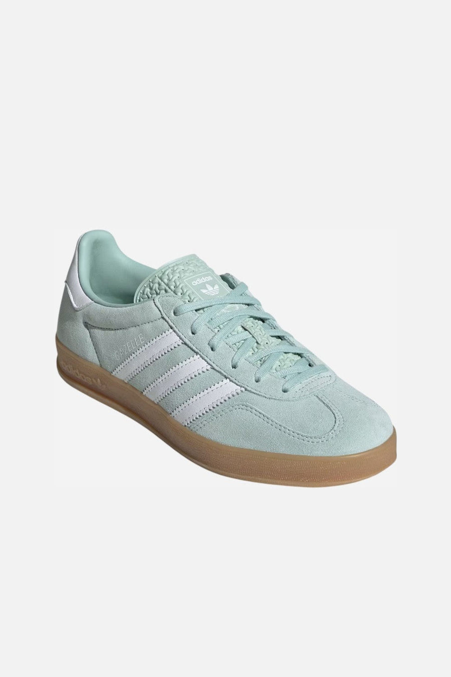 Adidas Gazelle Indoor Shoes in Ash Green / Cloud White / Gum – three-quarter view