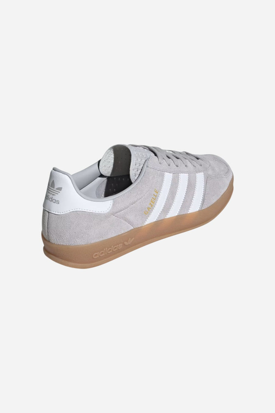 Adidas Gazelle Indoor Shoes in Grey Two / Cloud White / Gold Metallic – flat lay