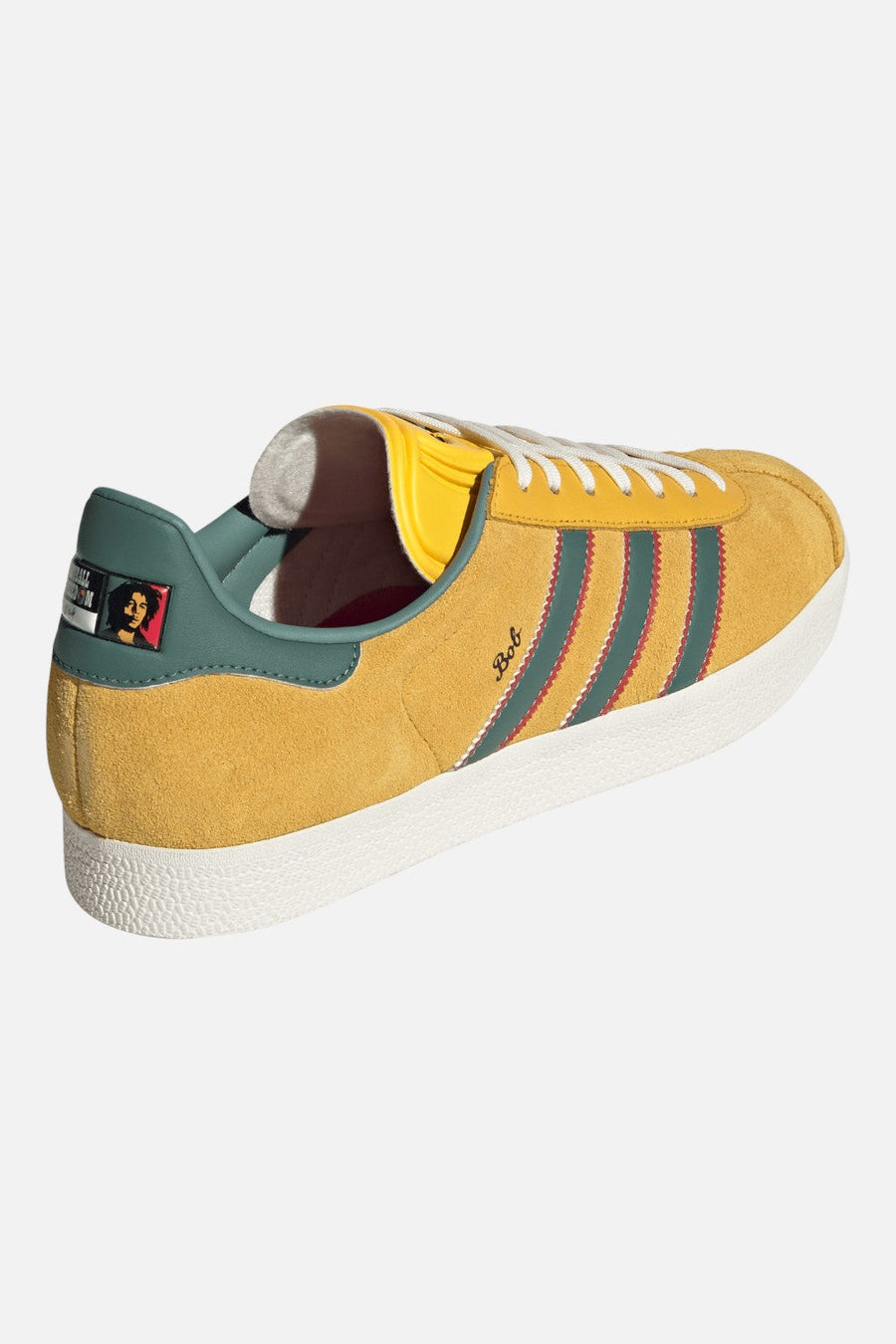 Adidas Gazelle Jamaica x Bob Marley Sneakers in Bold Gold & Pure Ruby – flat lay
