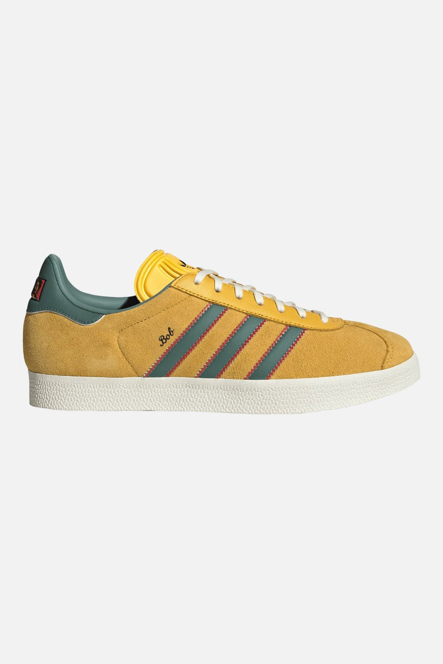 Adidas Gazelle Jamaica x Bob Marley Sneakers in Bold Gold & Pure Ruby – front view