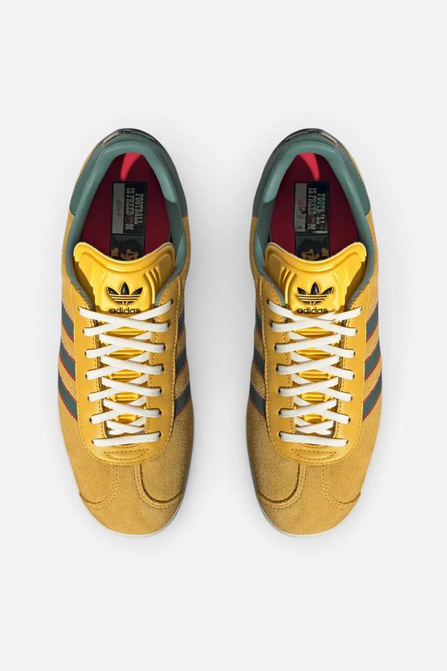 Adidas Gazelle Jamaica x Bob Marley Sneakers in Bold Gold & Pure Ruby – top view