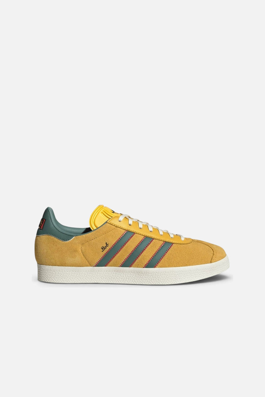 Adidas Gazelle Jamaica x Bob Marley Sneakers in Bold Gold & Pure Ruby – side view
