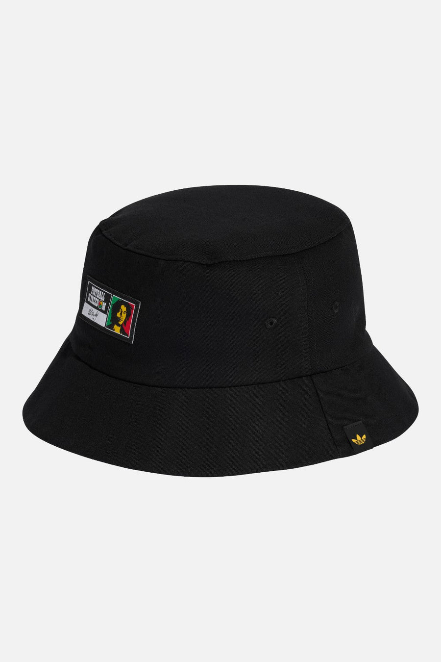 Adidas Jamaica 26 Bucket Hat in Black & Bold Gold — Reggae Boyz colorway angle view
