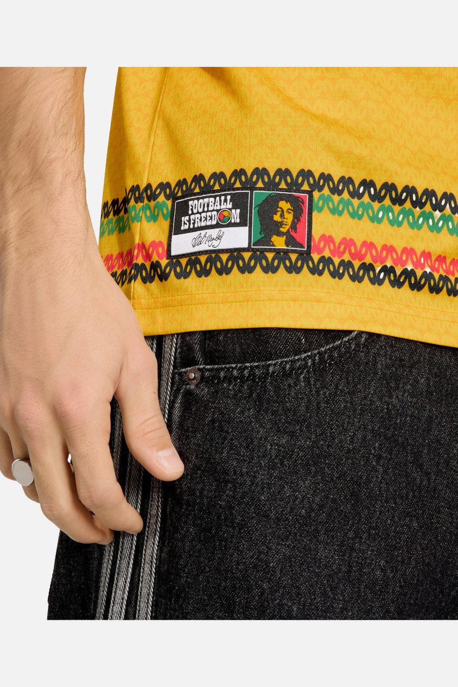 Adidas Jamaica 26 x Bob Marley Home Jersey in Bold Gold – flat lay