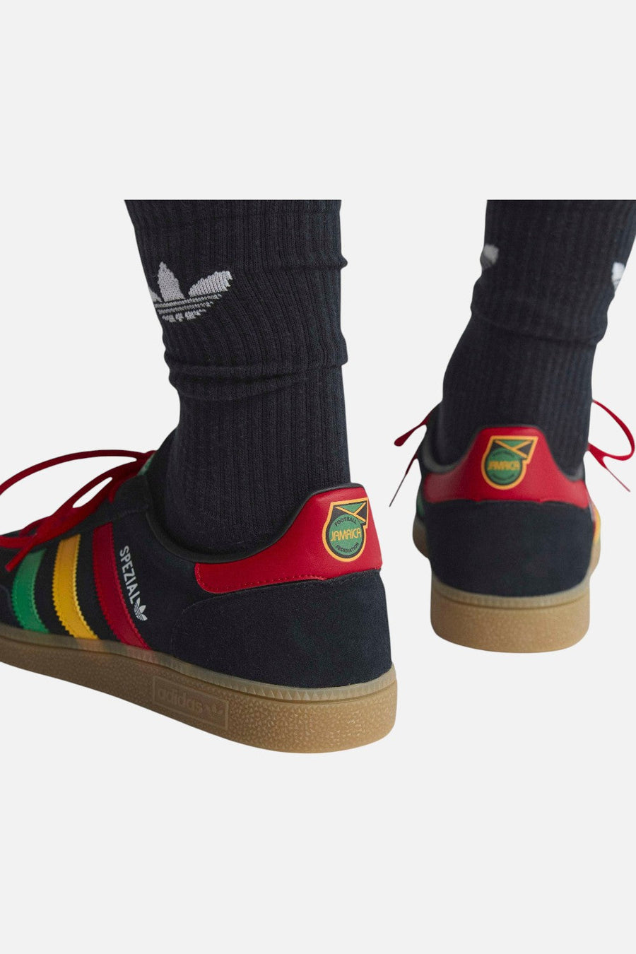 Adidas Jamaica Handball Spezial Sneakers in Black, Ruby & Gold – flat lay