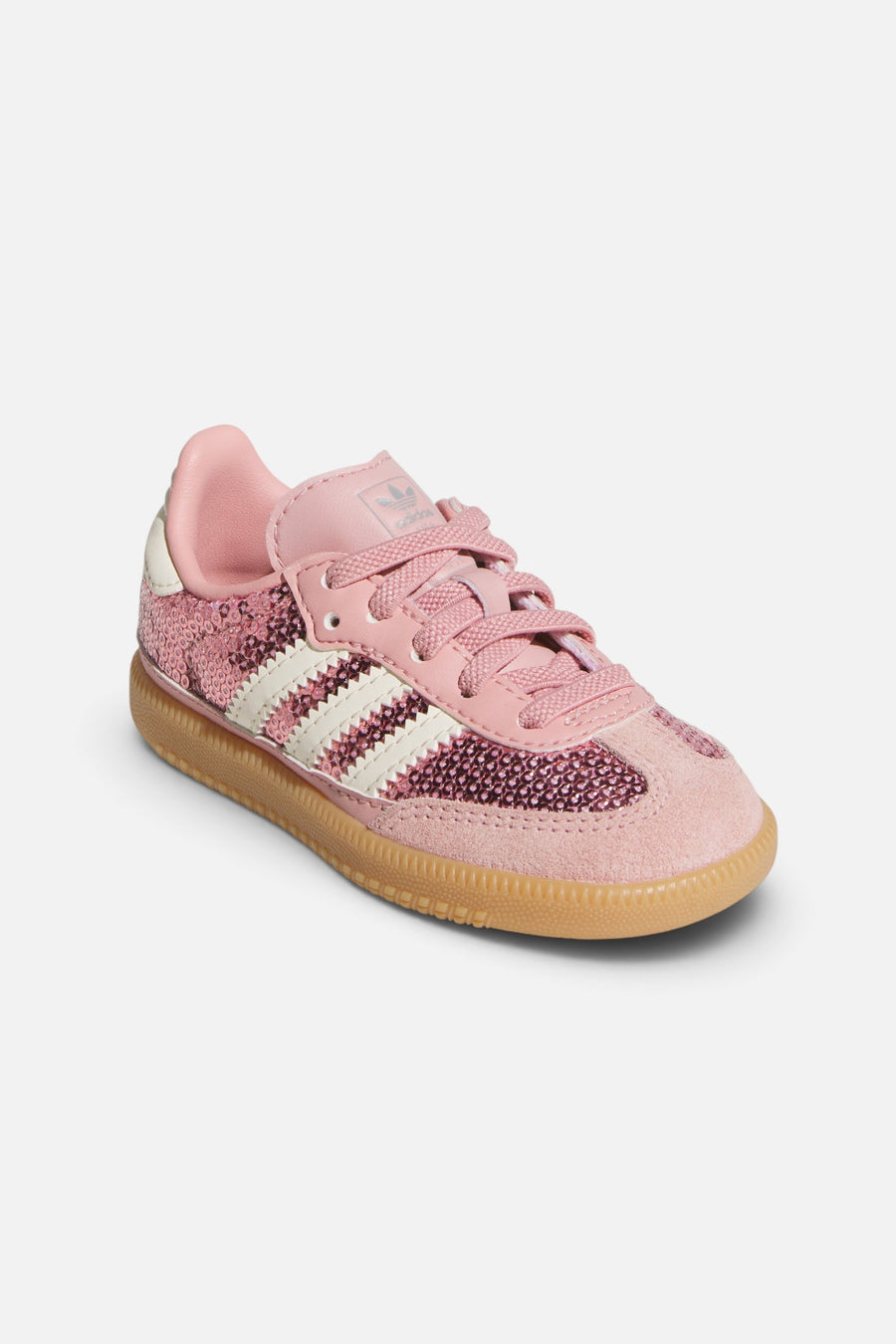 Adidas Kids' Samba OG Elastic Lace in Wonder Mauve, Cream White, and Tech Grey Metallic – front view