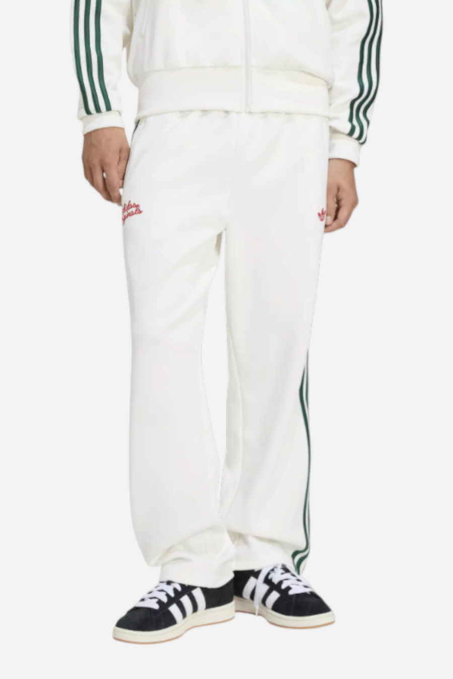 Adidas Men's Jogger Trousers with Stripes in White, Dark Green, & Red – front view