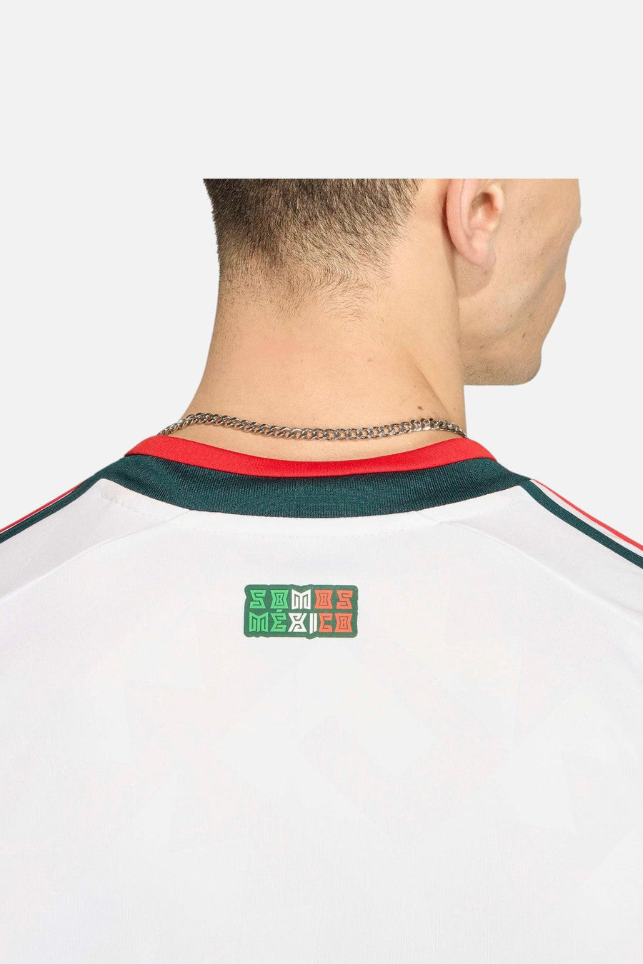 Shoulder stripe and tricolor flag tag detail on Adidas Mexico 26 Away Jersey