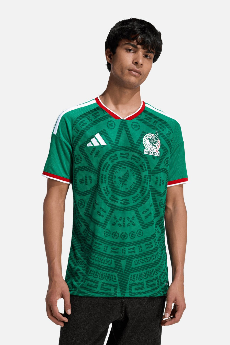 Adidas Mexico 26 Home Jersey in Bold Green worn by model — front