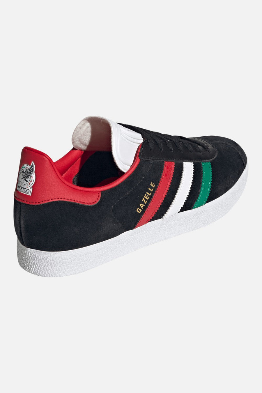 Adidas Mexico Gazelle Sneakers in Core Black, Cloud White & Better Scarlet – flat lay