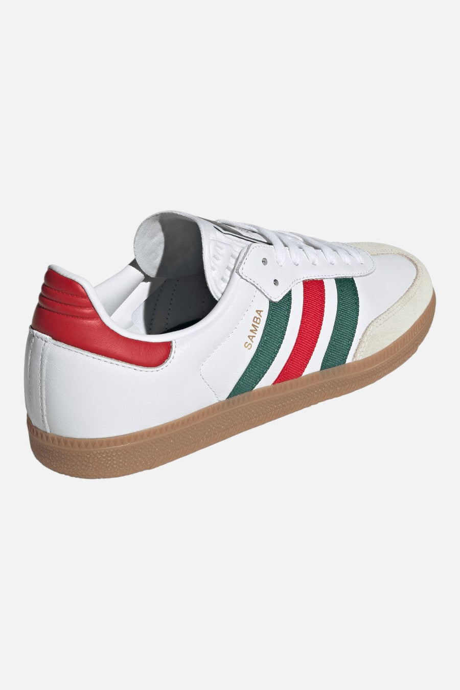 Adidas Samba OG Sneakers in Cloud White, Better Scarlet & Team Dark Green — Mexico Colorway – flat lay