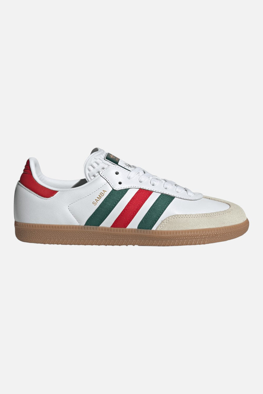 Adidas Samba OG Sneakers in Cloud White, Better Scarlet & Team Dark Green — Mexico Colorway – front view