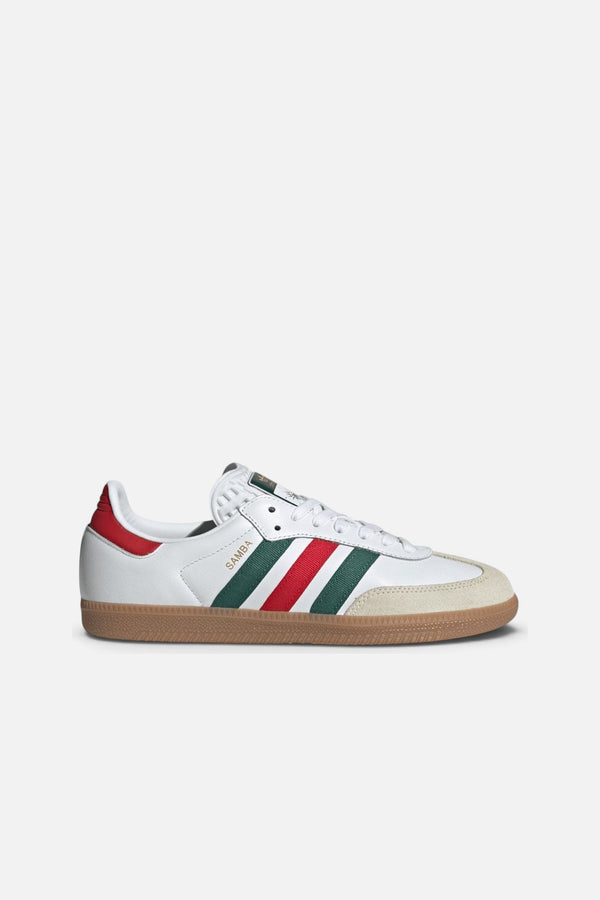 Adidas Samba OG Sneakers in Cloud White, Better Scarlet & Team Dark Green — Mexico Colorway