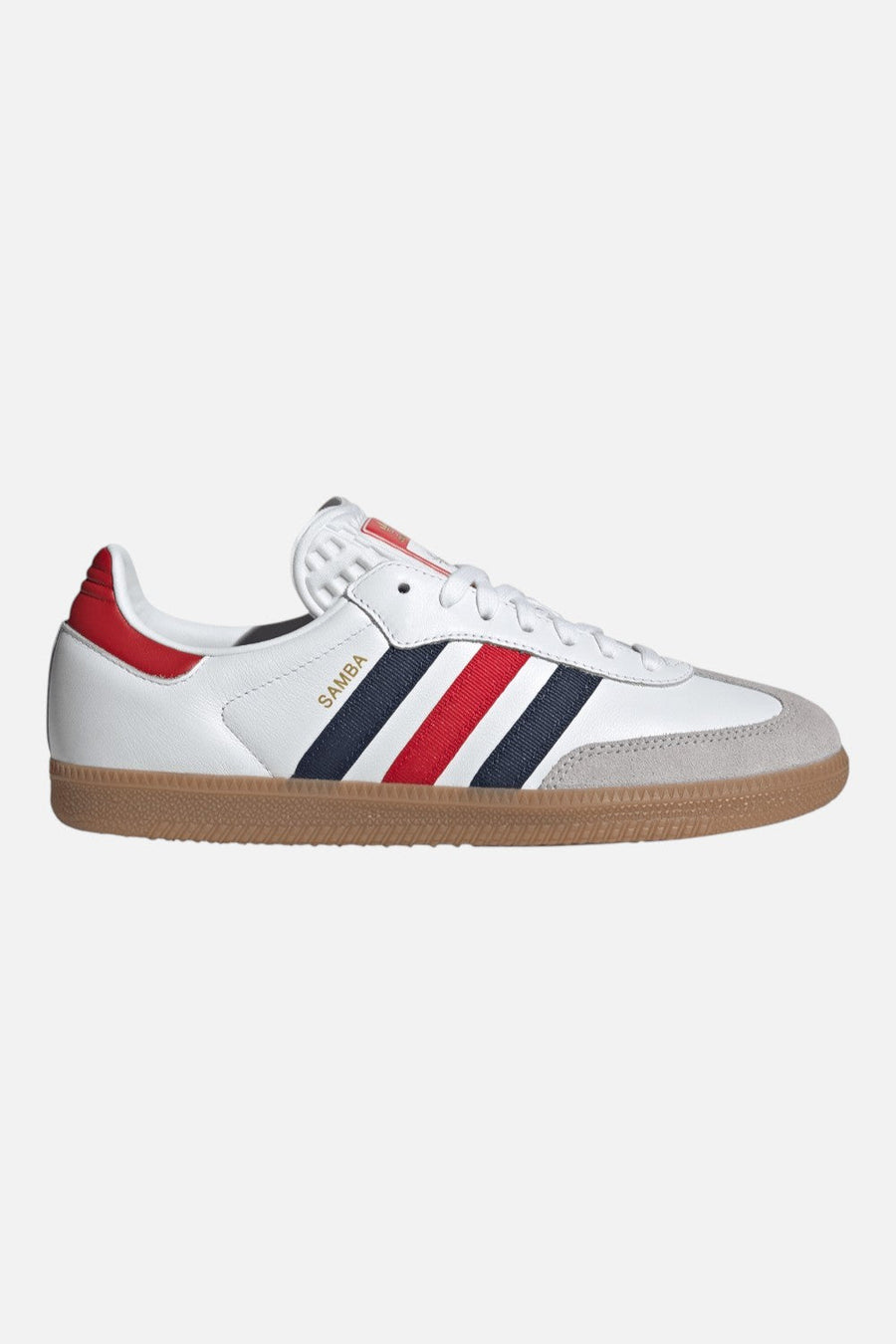 Adidas Samba OG Sneakers in Cloud White, Night Indigo & Better Scarlet — USA Colorway side lateral view