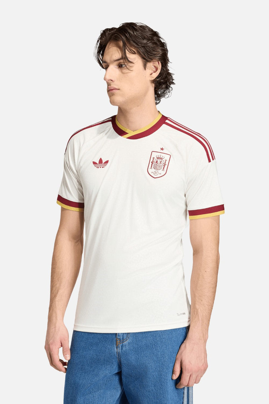 Adidas Spain 26 Away Jersey in Off White worn by model — front