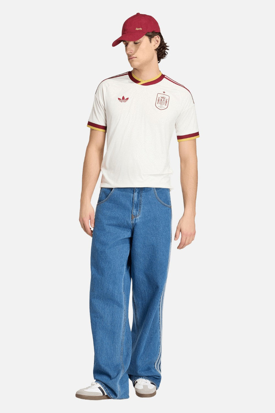 Adidas Spain 26 Away Jersey in Off White styled with black denim — full body