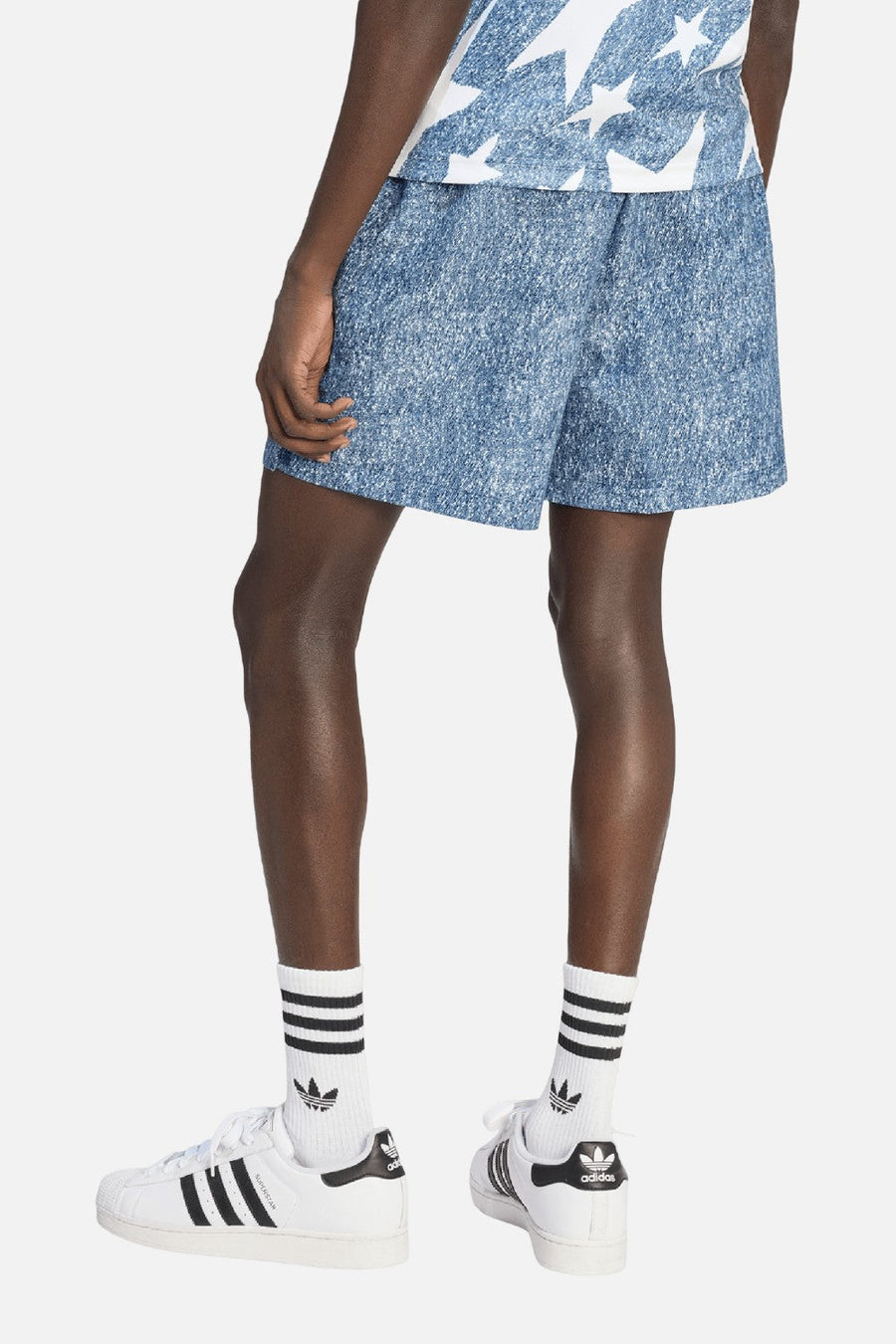 Adidas USA 94 Denim Graphic Shorts in White & Dark Blue – back view