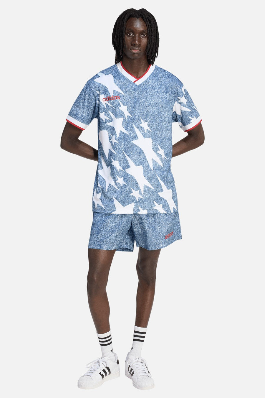 Adidas USA 94 Denim Graphic Shorts in White & Dark Blue – side view