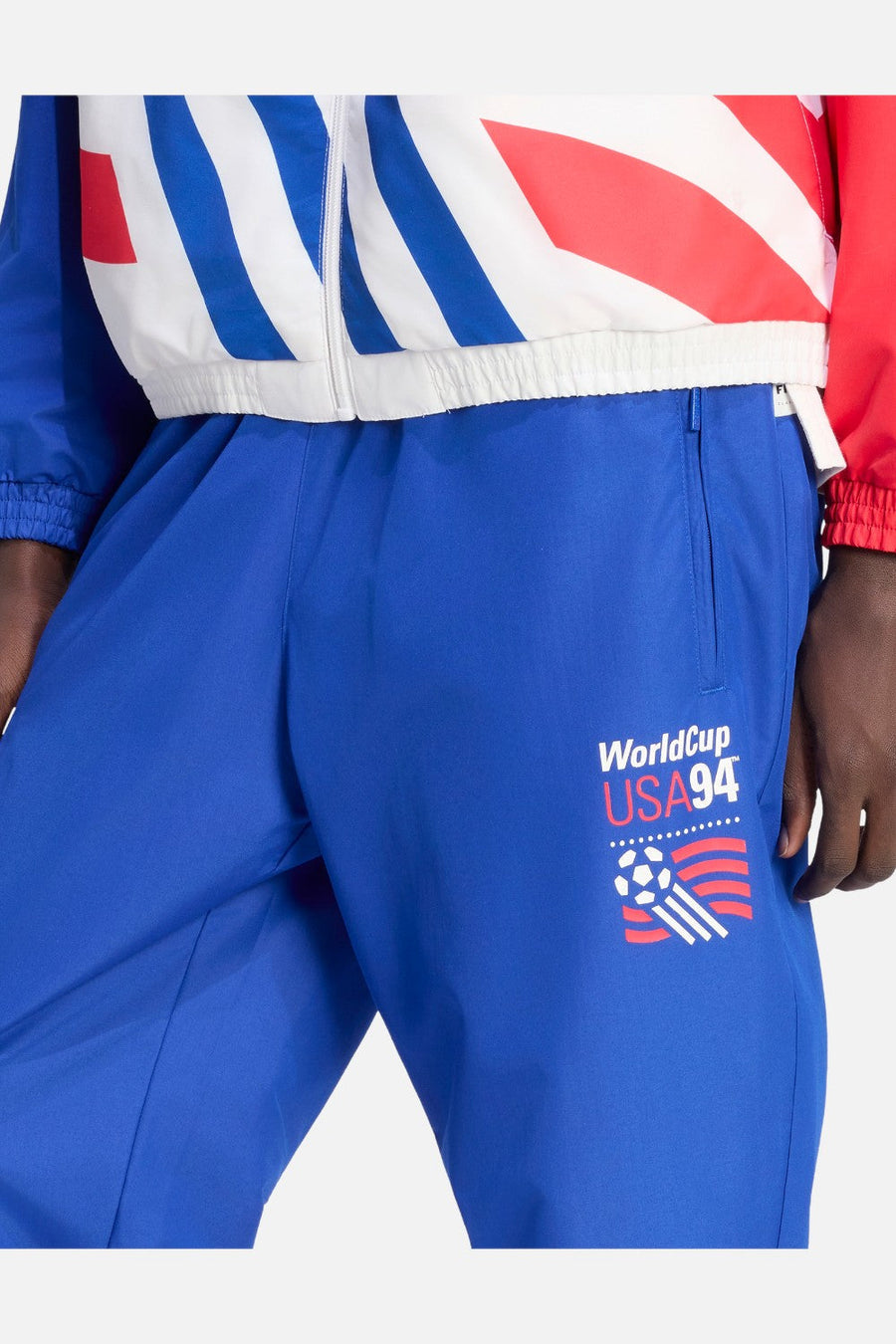 Adidas USA 94 Graphic Woven Track Pants in Royal Blue – flat lay