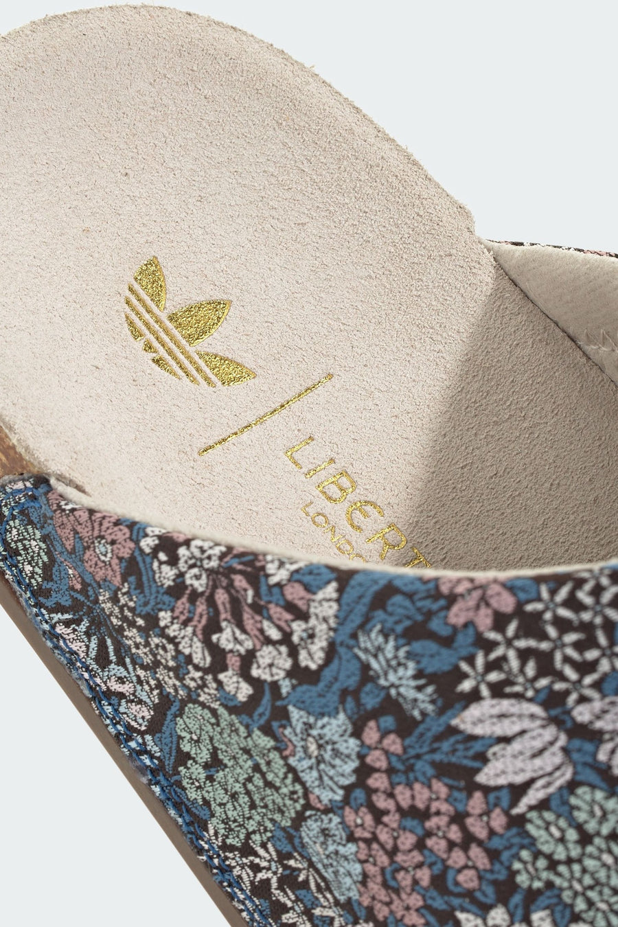Adidas Women's Adimule x Liberty London in Wonder Beige, Gold Metallic, and Gum – detail
